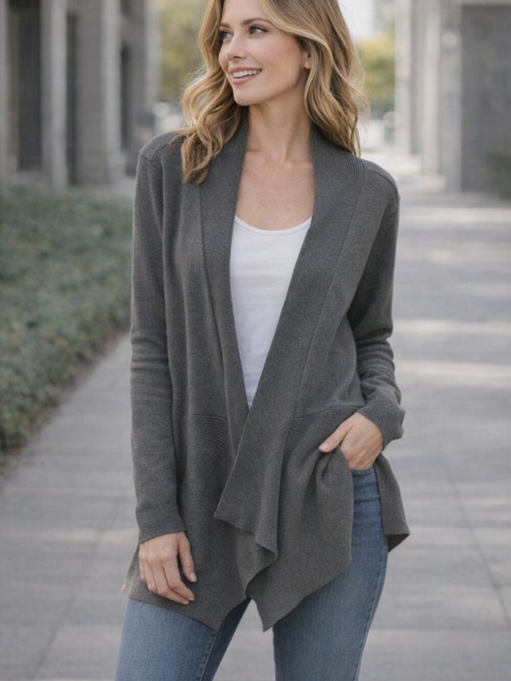 99 Jane Street Dark Gray Open-Front Cardigan | Soft Knit Draped Layering Sweater